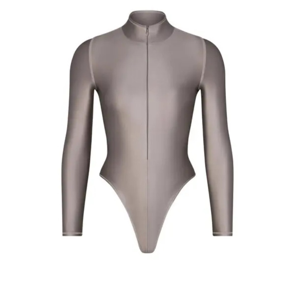 Skims shine swim zip front long sleeve one piece smoke medium nwt 🩶